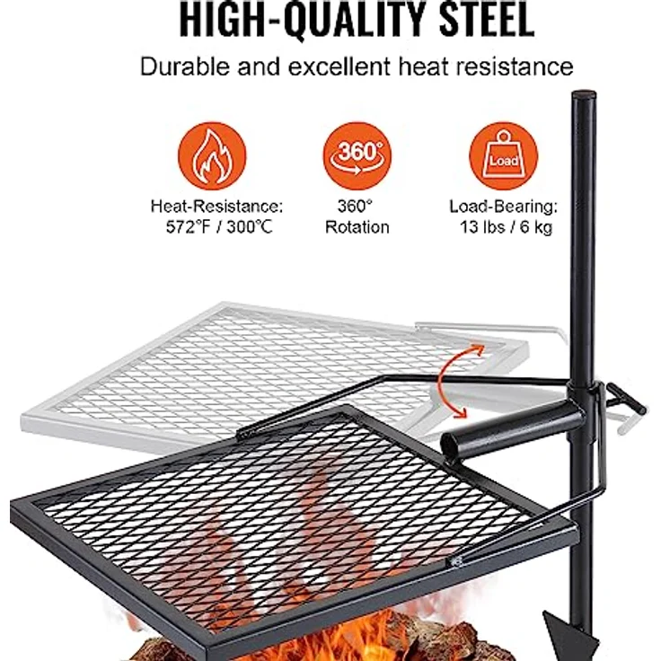 VEVOR VEVOR Drehspieß Schwenkgrill Stahl 405 x 405 mm, Holzkohlegrill Tragbarer Grillrost Grillgestell 6 kg Belastbarkeit 300 ℃ Freistehend Spießbratengrill BBQ Grill Grillwagen Barbecue Camping – Bild 3