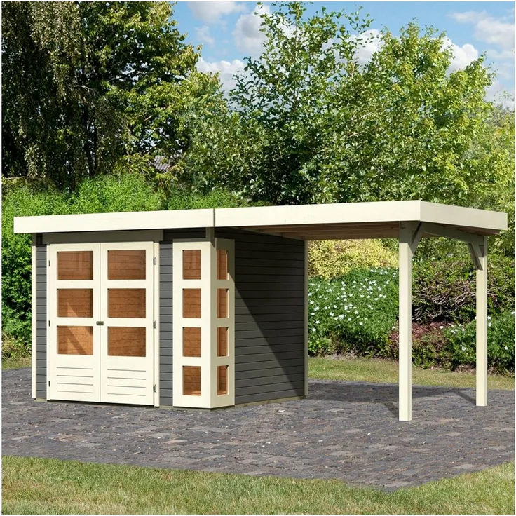 Karibu Gartenhaus Kerko 3, BxT: 491x238 cm, terragrau-naturbelassen, Secure Doppelflügeltür, 10 Jahre Garantie