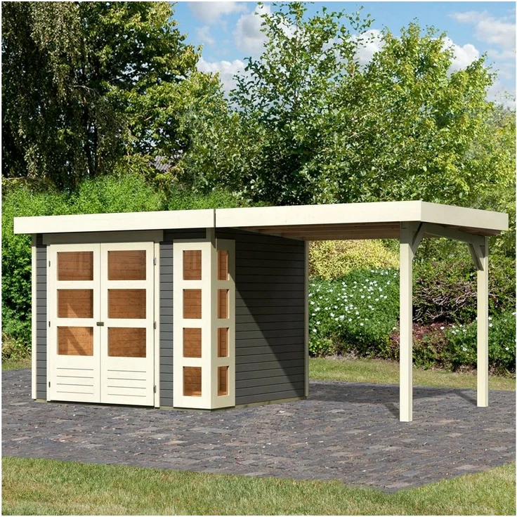 Karibu Gartenhaus Kerko 3, BxT: 491x238 cm, terragrau-naturbelassen, Secure Doppelflügeltür, 10 Jahre Garantie