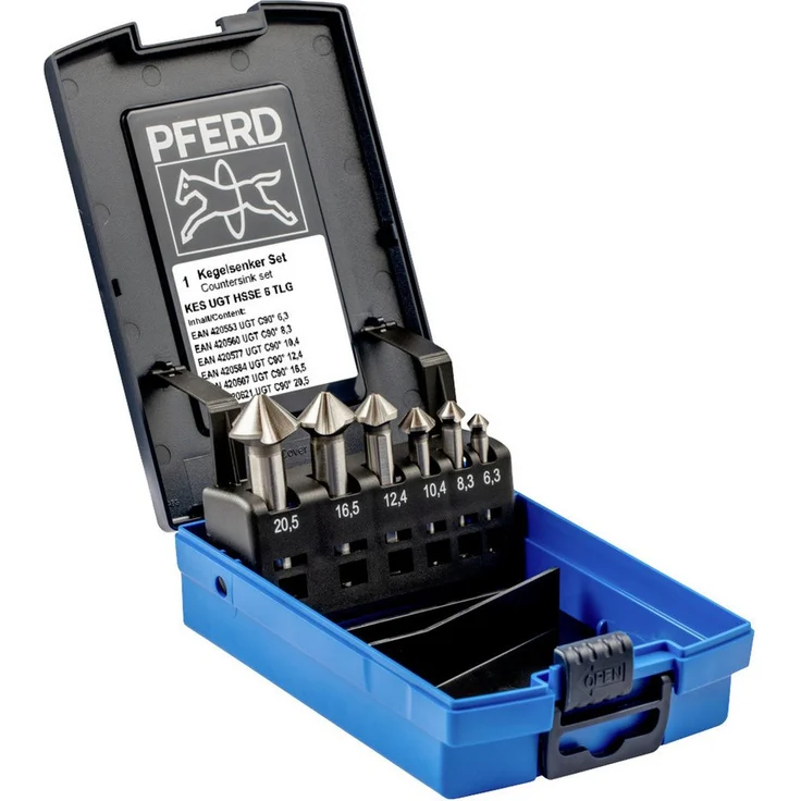 Pferd Senkbohrer UGT HSSE DIN 335 C90° Kegelsenker-Set, 6-teilig für 90°-Schrauben, hohe Abtragsleistung und gratfreie Ergebnisse, bruchfeste Kunststoffbox