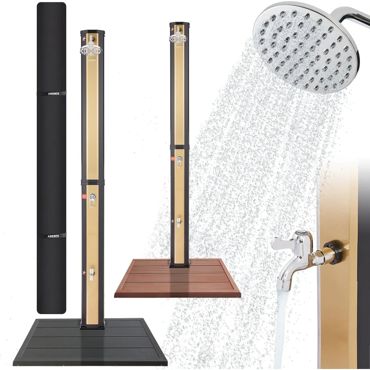 Arebos Solardusche 35L mit Handbrause&Thermometer Schwarz/golden (Set, mit Bodenplatte) Energieeffiziente Gartendusche mit 35l Tankvolumen