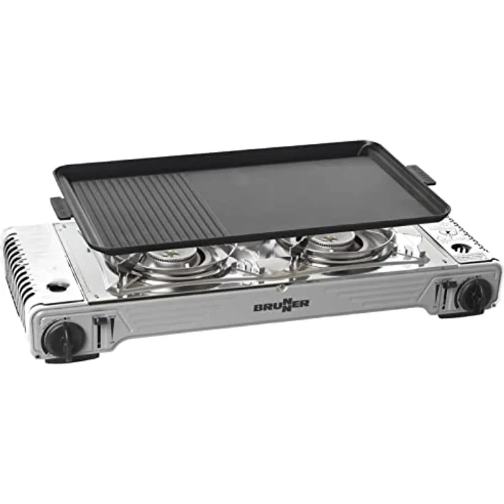 BRUNNER Gaskocher Outdoor DEVIL 2-Flammig mit Grillplatte und Piezozündung - Antihaft, ideal zum Kochen und Grillen für Unterwegs