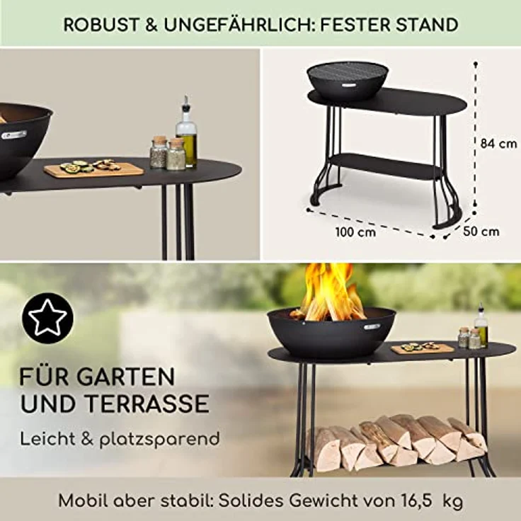 Blumfeldt Feuerschale 1 m hoch, wetterfeste Feuerstelle aus Stahl mit Grillrost & Abdeckung, inklusive Schürhaken – Bild 6