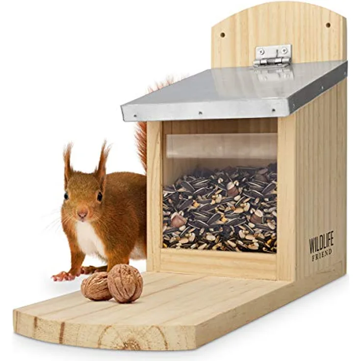 WILDLIFE FRIEND I Eichhörnchen Futterhaus Maxi | 14 x 29 x 26.5 cm aus Massivholz mit Metall-Dach - Wetterfest, Futterstation zum Eichhörnchen füttern, Eichhörnchenfutterhaus