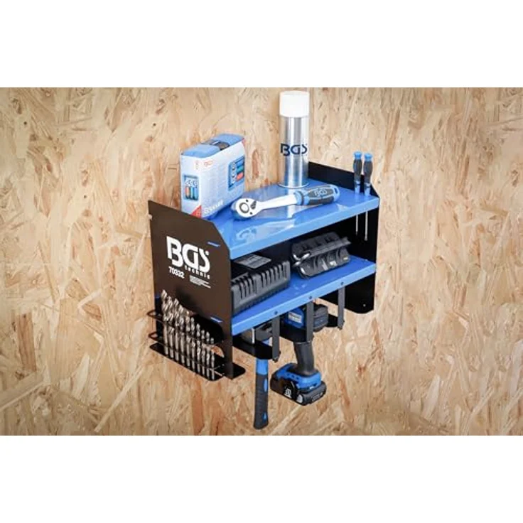 BGS Werkzeug-Wandregal für Akku-Werkzeuge, 2 Ablagen und 4 Werkzeughalter, platzsparende Wandmontage, 430 x 230 x 305 mm – Bild 2