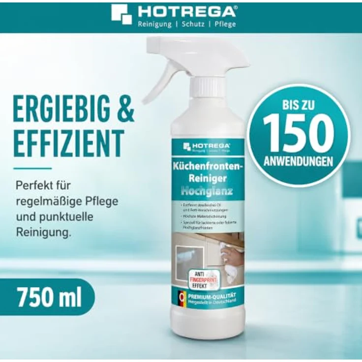 HOTREGA® Küchenfronten Reiniger, Hochglanz-Oberflächen 500ml mit Anti-Fingerprint Effekt inkl. Microfasertuch – Bild 5