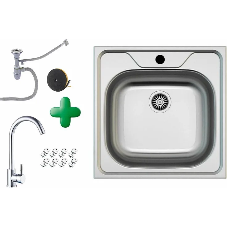 Faizee Home Edelstahlspüle 48x48 cm, beidseitig montierbar mit Spiralarmatur, inklusive Siphon-Set, für Unterschränke ab 45 cm