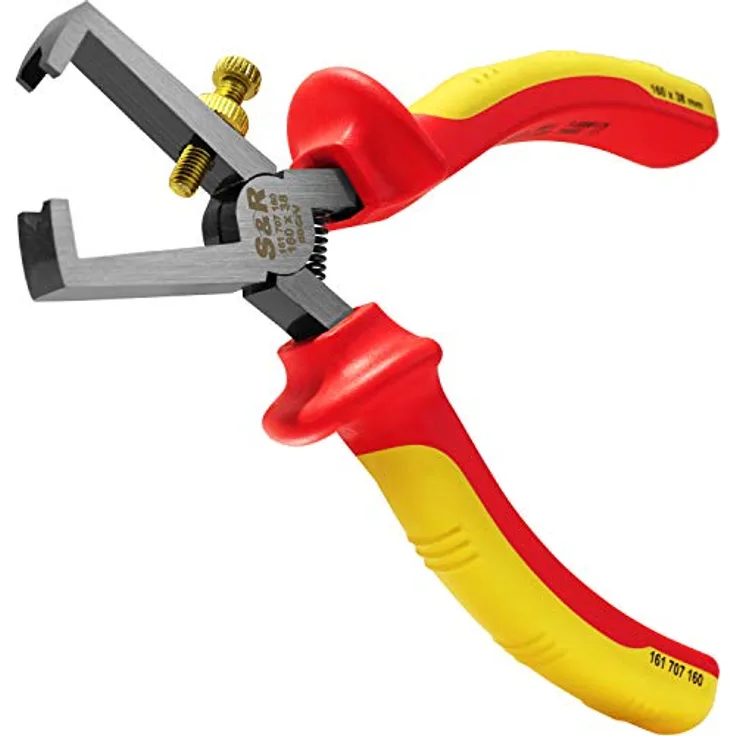 S&R Abisolierzange VDE 1000V, Profi Abisolierer aus 60CrV Stahl mit 2-Komponenten-Griffen, geeignet für Rundkabel bis Ø 5,0 mm