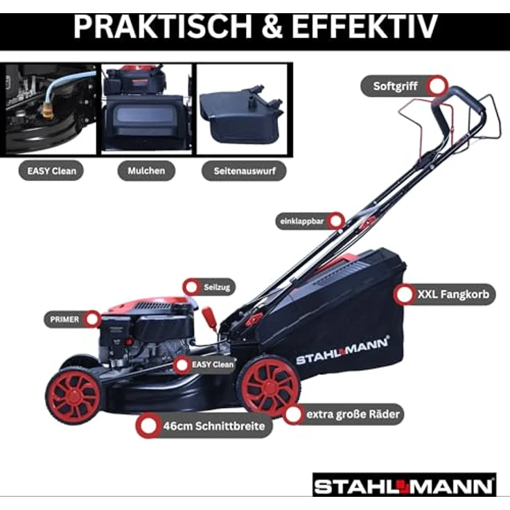 STAHLMANN Rasenmäher BR460, Benzin mit Radantrieb, 5,4 PS, 46 cm Schnittbreite, Mulchen, Schnitthöhenverstellung, 60L Fangkorb – Bild 2