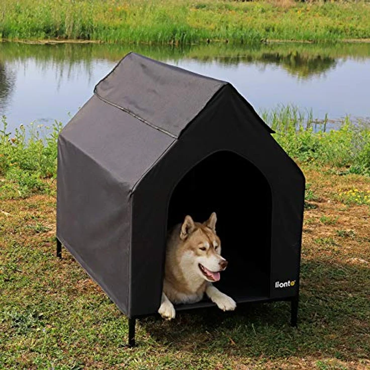 lionto Outdoor Hundeliege überdacht, 110x75x105 cm, wasserabweisendes Oxford-Material & atmungsaktives Netzgewebe, erhöhtes Hundebett für Hunde bis 60 kg, schwarz – Bild 2
