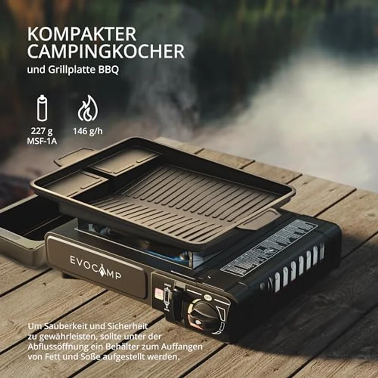 EVOCAMP Gaskocher 1-flammig mit Piezozündung, Campingkocher für Gaskartuschen MSF-1a, inklusive Grillplatte BBQ und Tragekoffer – ideal für Outdoor-Aktivitäten – Bild 2