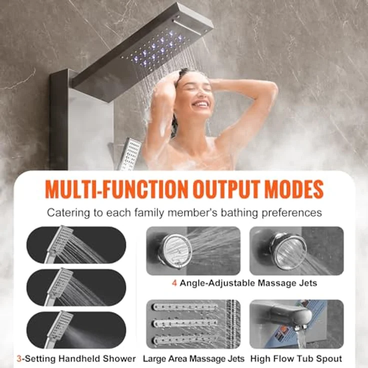 VEVOR Duschpaneelsystem 6-in-1, LED- und Bildschirm-Wasserkraft-Duschpaneel mit Regen- und Wasserfallmodus, 5 Massagedüsen, Handbrause, Edelstahl, wandmontiert – Bild 4