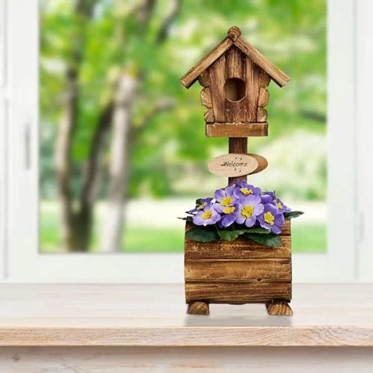 Relaxdays Deko Vogelhaus mit Blumentopf, Tannenholz, rustikales Design, HxBxT: 41 x 15 x 15 cm, Dekohäuschen, Natur – Bild 2