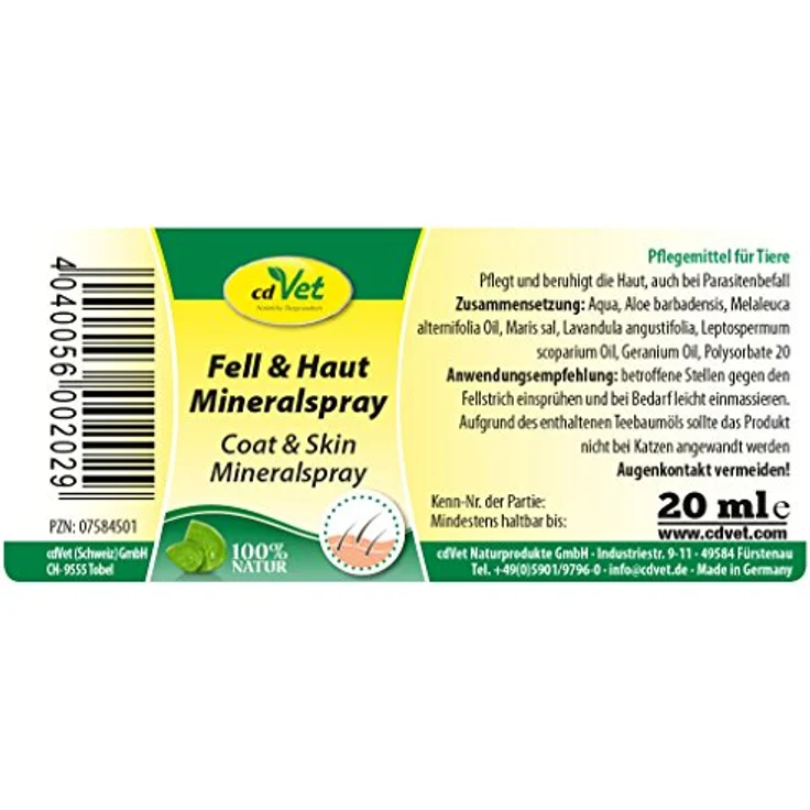 cdVet Naturprodukte Fell & Haut Mineralspray 20 ml - Hund, Pferd - Pflegemittel - Parasitenbefall - pflegt + beruhigt die Haut - Schuppen + trockene Hautpartien + glanzlosem Fell - Reinigung - – Bild 2