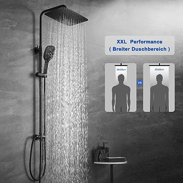 JOHO XXL Duschset ohne Armatur, Matt Schwarz Duschstangeset, Regendusche mit 35x25cm Edelstahl Duschkopf, höhenverstellbar und 3 Strahlarten – Bild 2