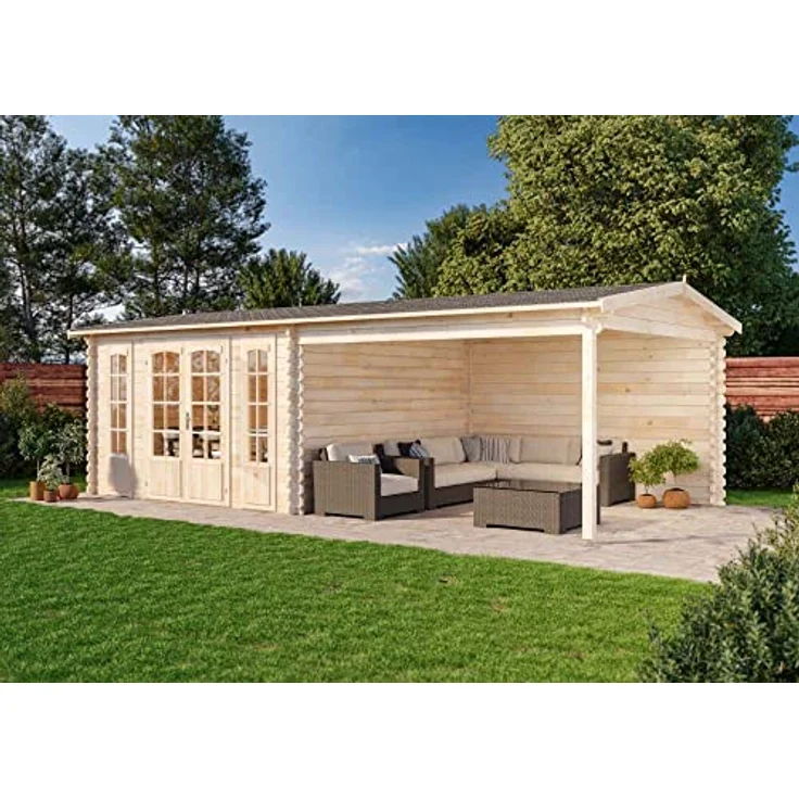 Alpholz Gartenhaus Freiburg-44 aus Massiv Holz, Freizeithaus, Blockhaus 44 mm Wandstärke, Garten Holzhaus mit Fussboden, Terrasse, Überdachung, Sitzecke 755 x 399 cm mit Doppeltür – Bild 1