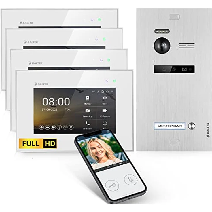 Balter EVO HD Video-Türsprechanlage, Komplettset für Einfamilienhaus, 4x 7 Zoll Monitor, 175° Full HD Kamera, Smartphone App, Sabotageschutz – Bild 1