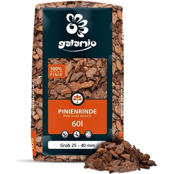 GALAMIO Pinienrinde Grob 25-40mm, 60l Sack Rindenmulch für Garten und Terrarium, dekorativer Bodenbelag mit effektiven Unkrautschutz, umweltfreundlich und langlebig