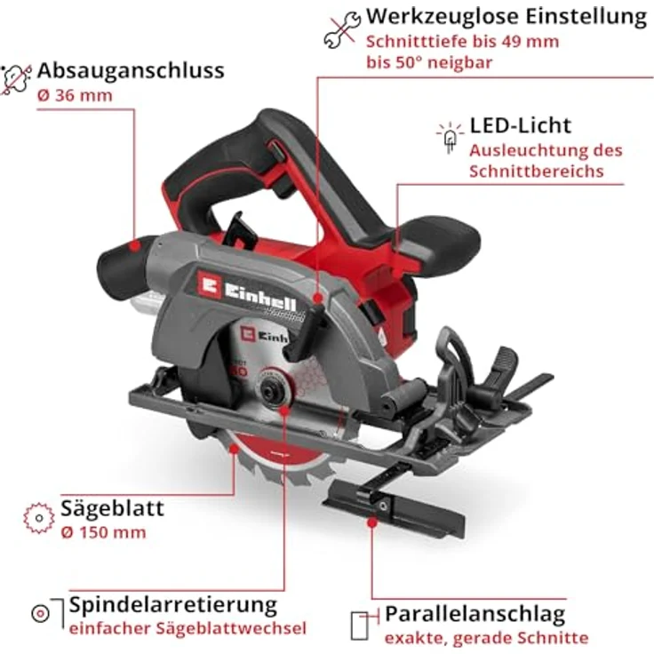Einhell Akku-Handkreissäge TE-CS 18/150-2 Li - Solo, 18 V, Ø 150 mm Sägeblatt, 49 mm Schnitttiefe, werkzeuglose Einstellung, LED – Bild 3