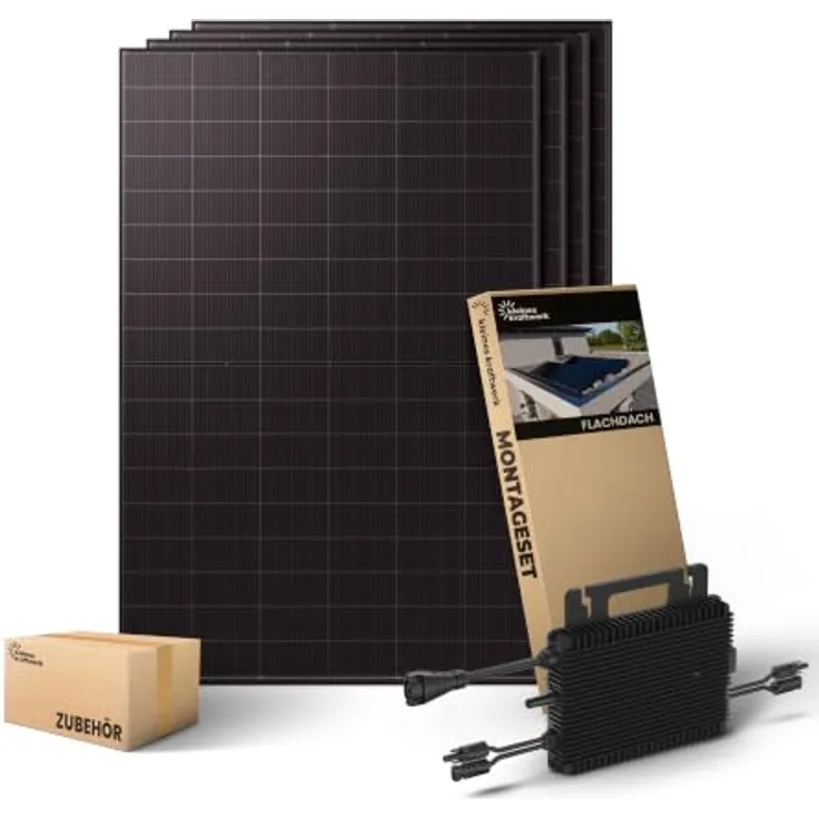 Kleines Kraftwerk Quattro XL 2000Wp, Balkonkraftwerk mit 800W Wechselrichter, 4×500W bifazialen Solarmodulen, WiFi & Bluetooth, Flachdach-Halterung, 15 m Kabel