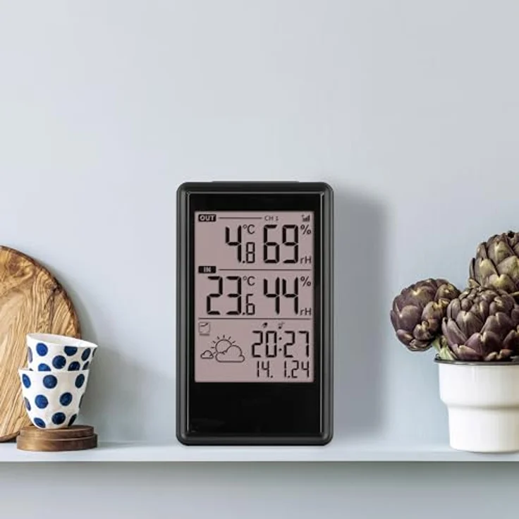 TFA Funkwetterstation, Wetterstation in Schwarz mit Temperatur- und Luftfeuchtigkeitsanzeige, Funkwecker und erweiterbar mit bis zu drei Außensendern – Bild 2