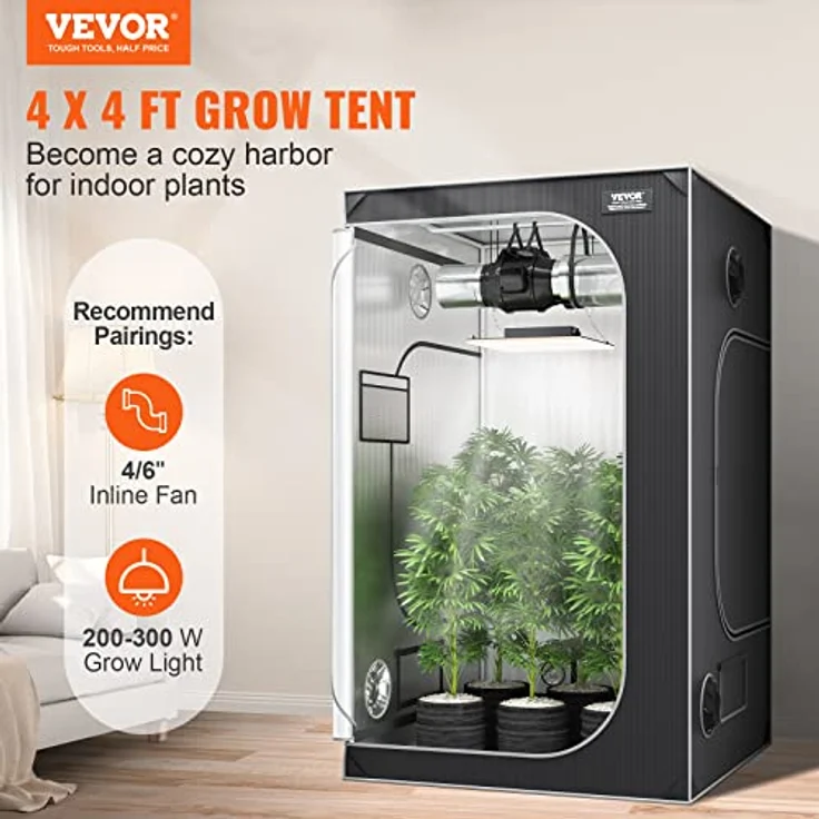 VEVOR Gewächshaus VEVOR Growbox 122x122x203cm Schwarz-Grau, Gewächshaus aus 22 mm Stahl-Rahmen mit verbesserten Lichtblockierungsdetails – Bild 2