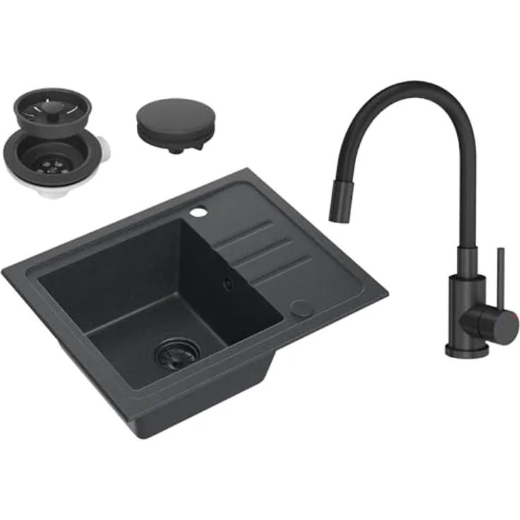 VBChome Spülbecken Granit Schwarz mit Armatur 55 x 44 cm Einzelbecken Einbauspüle Gesprenkelt Reversibel Granitspüle Schwarz Siphon Waschbecken Schwarz Matt Armatur mit Flexiblem Auslauf