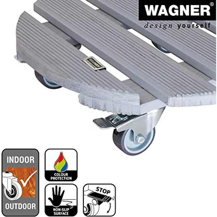 WAGNER Pflanzenroller CREO Ø 38 cm I Pflanzenroller & Blumenroller für Außenbereich + Innenbereich, grau I Kübelroller aus Holz mit 2 Total-Feststellern I Tragkraft 200 kg I Made in EU ?20086301 – Bild 5