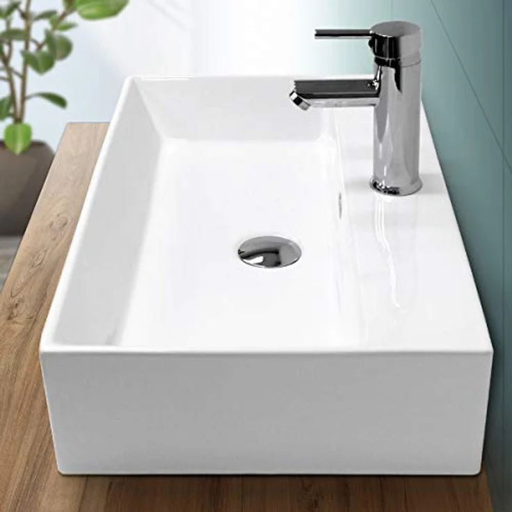 ECD Germany Waschbecken Waschtisch - 605x365x130 mm - aus Keramik - Eckig - Weiß - Aufsatzbecken Aufsatzwaschbecken Waschschale Handwaschbecken Aufsatzwaschtisch Spülbecken Wasserfall Waschschlüssel – Bild 1