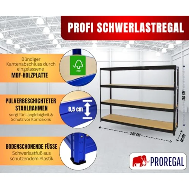 Proregal Schwerlastregal DINO, 180 x 240 x 60 cm, 4 Böden, Traglast 450 kg pro Boden, Schwarz – Bild 2