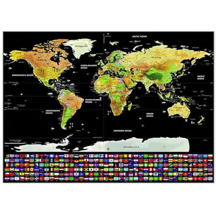 MT MALATEC Scratch Off World Map, Rubbelkarte für Kinder und Reisende, goldschwarz, 82 x 59 cm, inklusive Geschenktube