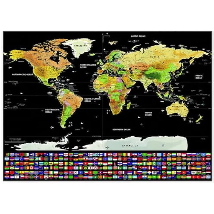MT MALATEC Scratch Off World Map, Rubbelkarte für Kinder und Reisende, goldschwarz, 82 x 59 cm, inklusive Geschenktube – Bild 1