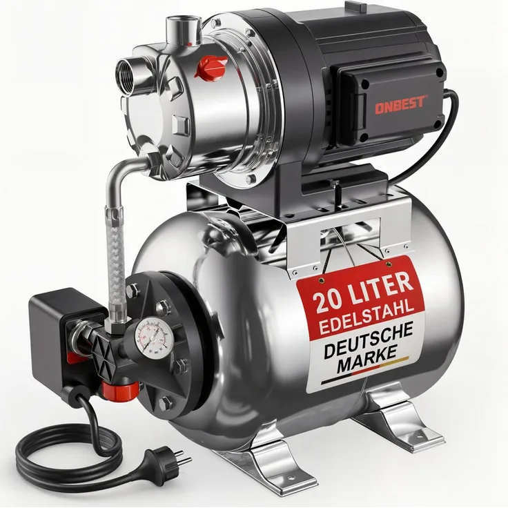 Onbest Hauswasserwerk HW-1350VA Premium, Edelstahl, 1300W, 20L Tank, 50m Förderhöhe, automatischer Druckschaltung, spritzwassergeschützt