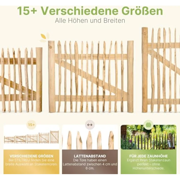 STILTREU Gartentor Classic Staketenzaun-Tor, Edelkastanie, 75 cm x 80 cm, langlebig und handgefertigt – Bild 2