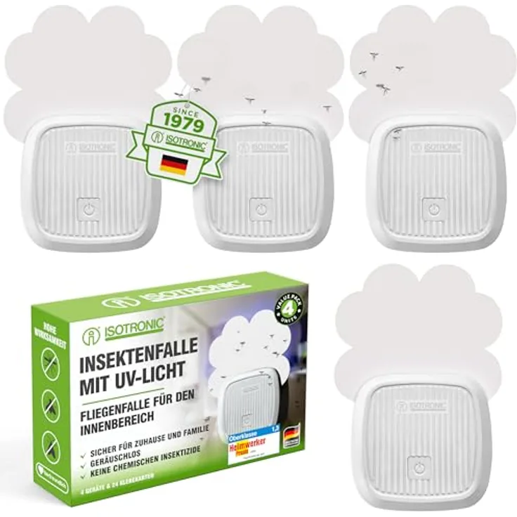 ISOTRONIC Mückenschutz Mückenstecker Gelsenstecker | Anti Mücken Insektenfalle Plug-In mit UV-Licht und Nachtlicht | Effektiv gegen Stechmücken, Motten, Fliegen und Fruchtfliegen | 4 Stück