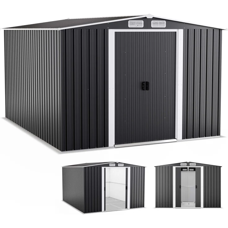 ONBEST Gerätehaus Premium XL | Metall | Wetterfest | 8 m² mit Fundament und Schiebetür | inklusive 2 Haken | Anthrazit