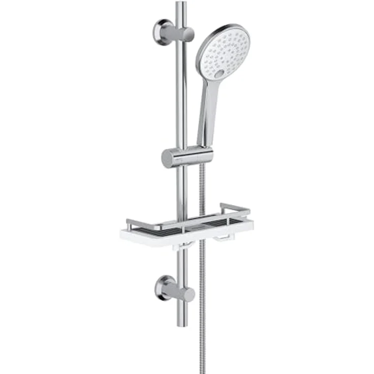 Görbach Edelstahl Duschstange mit Handbrause, Brausestangeset 70 cm Chrom, 3 Strahlarten, inkl. XXL Duschablage und Anti-Torsionsschlauch – Bild 1