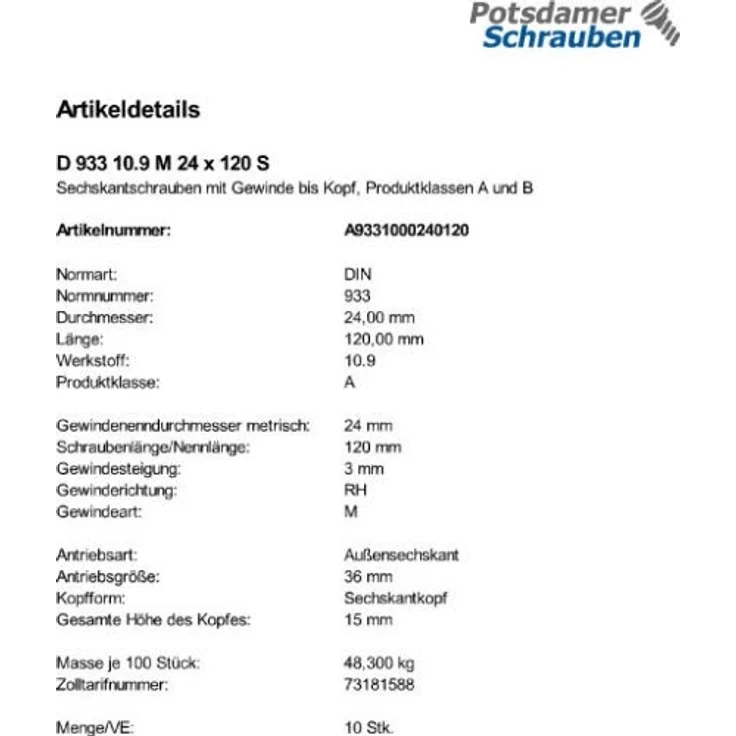 Markenlos DIN 933/ISO 4017 Sechskantschraube VG M24x120, Stahl 10.9, blank, 10 Stück – Bild 5