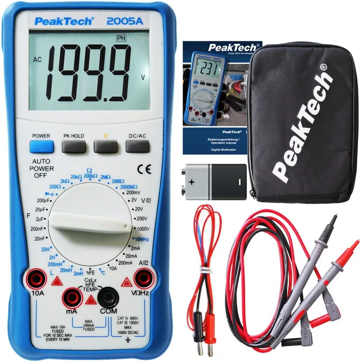 PeakTech Multimeter PeakTech 2005 A: Digital Multimeter mit 2.000 Counts und 1000V AC/DC, doppelt isoliertes Gehäuse, beleuchtetes Display - Schwarz