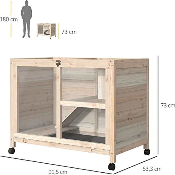 PawHut Kleintierkäfig mit Rädern Meerschweinchenkäfig Kleintierstall Kleintierhaus innen und außen Winterfest Tannenholz Natur 91,5 x 53,3 x 73 cm, 2 Ebenen, Massivholz, Rollen, einfache Reinigung – Bild 5