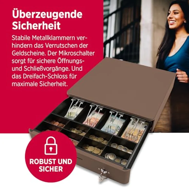 OLYMPIA M 405 Mokka, Kassenlade mit 8 Münz- & 4 Scheinfächern, elektrischer Unterbau aus Vollmetall, Schloss & RJ11/RJ12-Anschluss – Bild 4