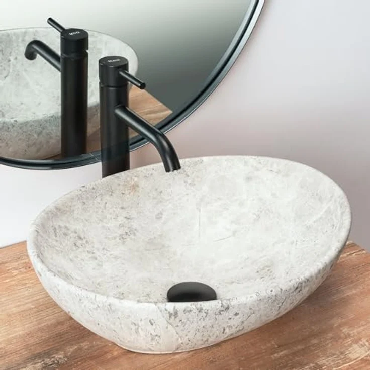 Rea Aufsatzwaschbecken Keramik Oval 35x40 cm, Schwarz Marmor, ohne Überlauföffnung – Bild 2