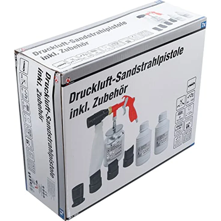 BGS Druckluft-Sandstrahlpistole, Druckluftaufsatz für Karosseriebereich, inklusive 4 Strahlkappen und 2x850g Korund #60, leicht und wirtschaftlich in der Anwendung – Bild 4