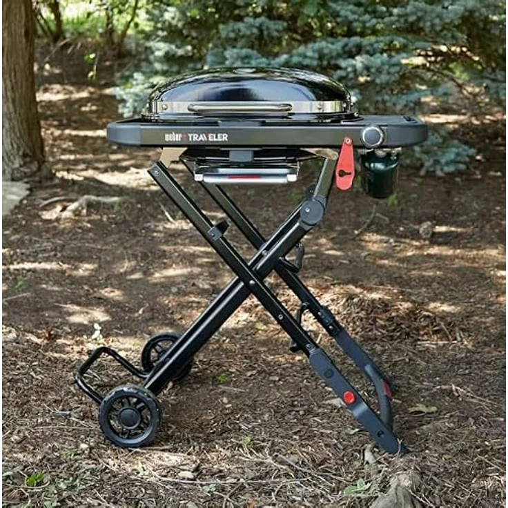 Weber Traveler Compact Gasgrill, klappbarer und tragbarer Gasgrill mit Rädern, automatischer Deckelverriegelung, integriertem Thermometer, 1 Brenner, Grillfläche 52 x 36 cm, schwarz – Bild 5