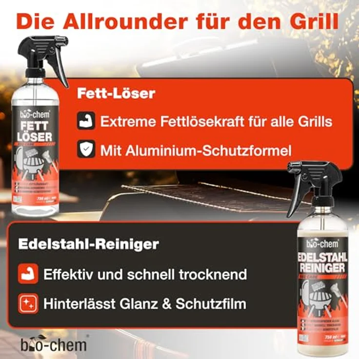 bio-chem Grill Reinigungsset 9-teilig, inkl. Rauchharzentferner 1L, Fettlöser und Edelstahlreiniger, umfassende Reinigungslösung für Edelstahl, Gusseisen und Aluminium – Bild 4