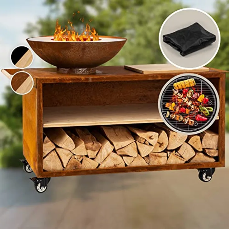 Blumfeldt Feuerschale, Tragbare Feuerschalen für den Garten, Outdoor Feuerstelle mit Grillrost, Groß, Rost-Optik