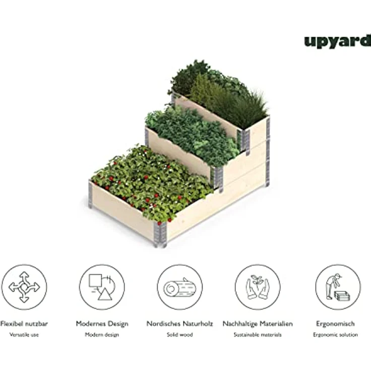Upyard Stepped Bed - modernes Hochbeet aus Paletten - modulares, mehrstufiges Hochbeet aus Naturholz für Garten und Terrasse, 120x80x58,5, Naturholz – Bild 4