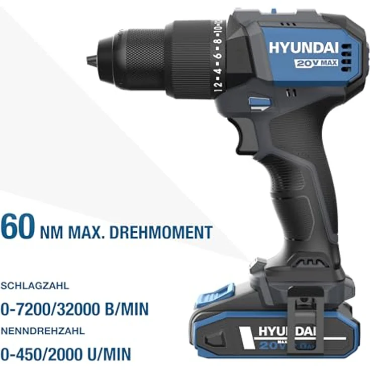 HYUNDAI Akku-Schlagbohrschrauber HD20X-60-2A1, 20V, 60 Nm, bürstenloser Motor, 2-Gang-Metallgetriebe, 13mm Metallbohrfutter, inkl. 2.0Ah Akku, Ladegerät und Koffer – Bild 2