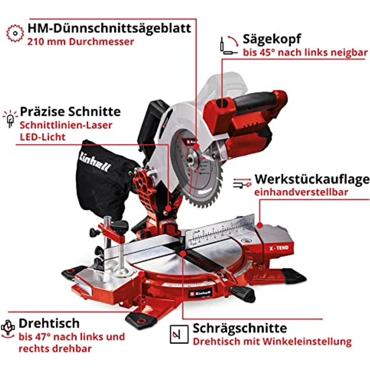 Einhell Akku-Kappsäge TE-MS 18-210 Li-Solo Power X-Change PXC (Li-Ion, 18 V, 3.000 min-1, neigbarer Sägekopf, X-Tend Werkstückauflagen, HM-Präzisionssägeblatt, ohne Akku und Ladegerät) – Bild 3
