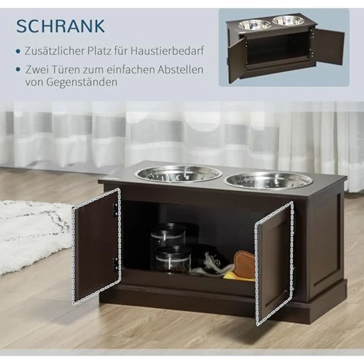 PawHut Hundenäpfe, Erhöhte Futterstation mit 2 Edelstahlschüsseln, Wassernapf mit 29,5L Stauraum, Hundenapfständer für Große Hunde, Kaffee – Bild 4